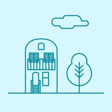 Vector city thin line office building with tree and cloud. Town business real Stock Illustration