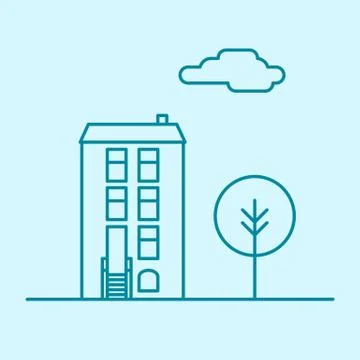 Vector city thin line office building with tree and cloud. Town business real Stock Illustration