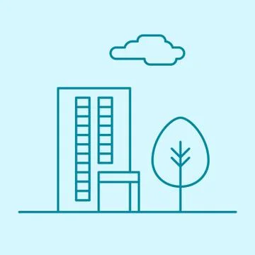 Vector city thin line office building with tree and cloud. Town business real Stock Illustration