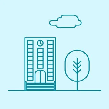 Vector city thin line office building with tree and cloud. Town business real Stock Illustration