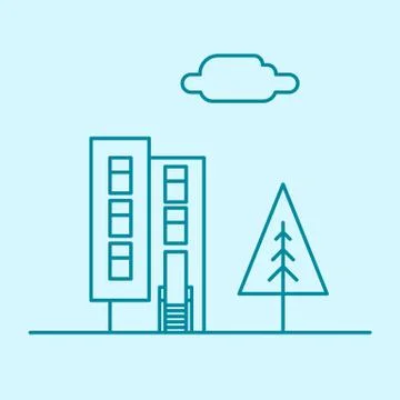 Vector city thin line office building with tree and cloud. Town business real Stock Illustration