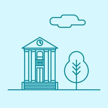 Vector city thin line office building with tree and cloud. Town business real Stock Illustration