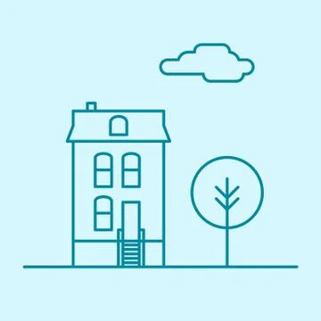 Vector city thin line office building with tree and cloud. Town business real Stock Illustration