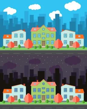 Vector city with three two-story cartoon houses in the day and night Illustrazione stock