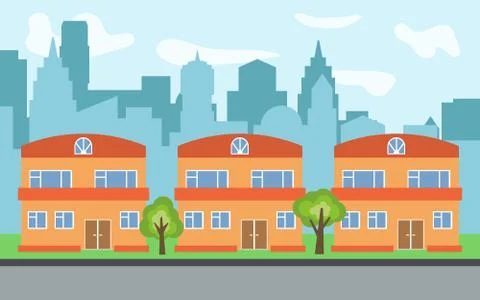 Vector city with three two-story cartoon houses and green trees in the sunny day Illustrazione stock