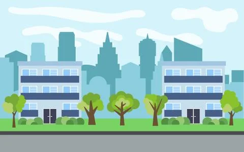 Vector city with two three-story cartoon houses and green trees in the sunny day Illustrazione stock