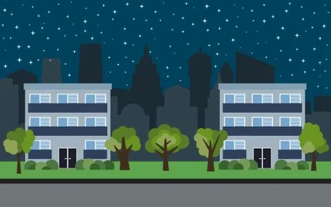 Vector city with two three-story cartoon houses and green trees at night Illustrazione stock