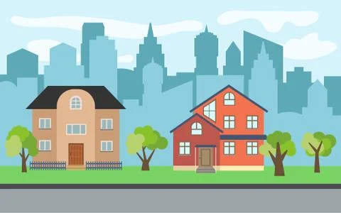 Vector city with two three-story cartoon houses and green trees 스톡 일러스트