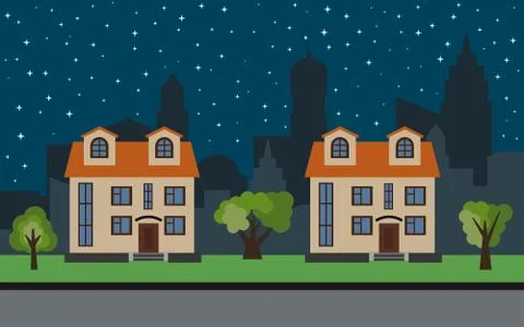 Vector city with two two-story cartoon houses and green trees at night Stock Illustration