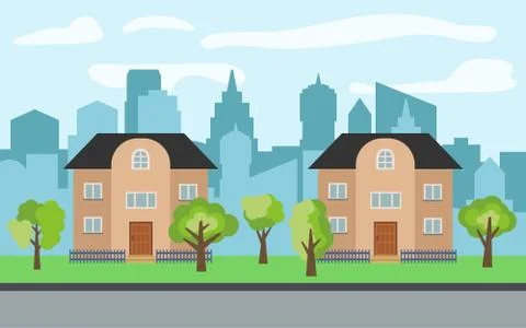 Vector city with two two-story cartoon houses and green trees in the sunny day Stock-Illustration