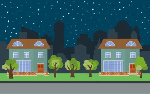 Vector city with two two-story cartoon houses and green trees at night Stock Illustration