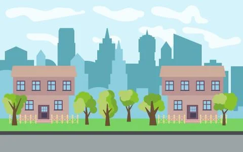 Vector city with two two-story cartoon houses and green trees in the sunny day Stock Illustration
