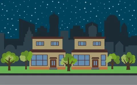 Vector city with two two-story cartoon houses and green trees at night Stock Illustration