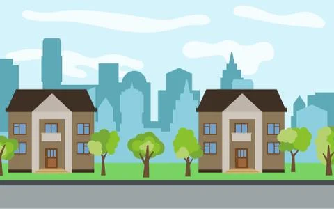 Vector city with two two-story cartoon houses and green trees Stock Illustration