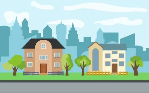 Vector city with two two-story cartoon houses and green trees Stock Illustration