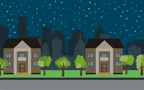 Vector city with two two-story cartoon houses and green trees at night Illustrazione stock