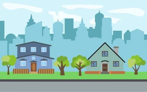Vector city with two two-story cartoon houses and green trees Stock Illustration