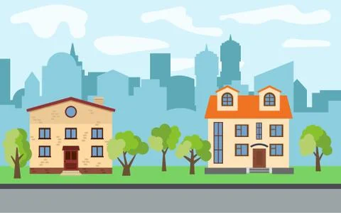 Vector city with two two-story cartoon houses and green trees Stock Illustration