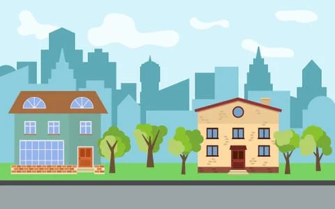 Vector city with two two-story cartoon houses and green trees in the sunny day Stock Illustration