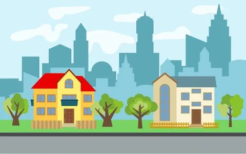 Vector city with two two-story cartoon houses and green trees in the sunny day Illustrazione stock