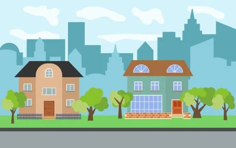 Vector city with two two-story cartoon houses and green trees in the sunny day Stock Illustration