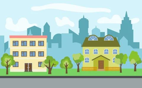 Vector city with two two-story cartoon houses and green trees in the sunny day Stock Illustration