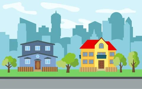 Vector city with two two-story cartoon houses and green trees in the sunny day Stock Illustration