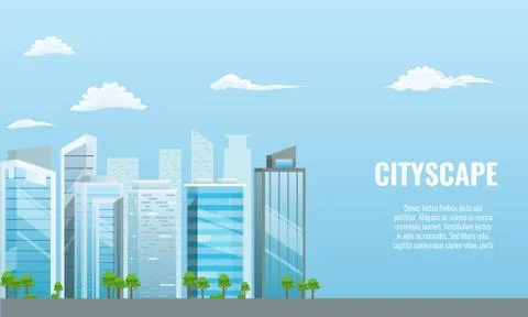 Vector Cityscape with different buildings - office center. Advertising layout Stock Illustration