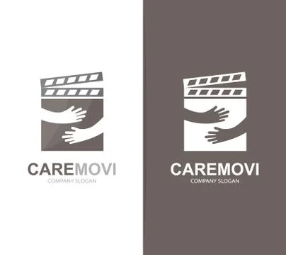 Vector clapperboard and hands logo combination. Cinema and embrace symbol or Stock Illustration