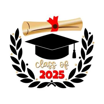 Vector of Class of 2025 with graduation cap, diploma scroll and Laurel wreath Stock Illustration