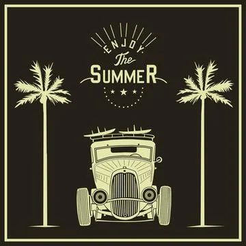 Vector classic hot rod front view with palms surf car poster Illustrazione stock