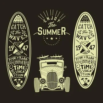 Vector classic hot rod front view with with surf boards surf car poster surfing Illustrazione stock