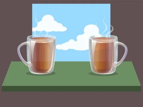 Vector clear glass two mugs with hot drink on table and sky background Stock Illustration