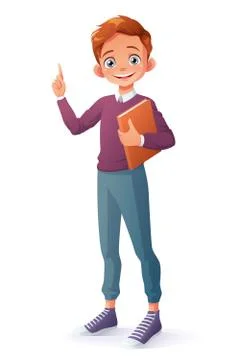 Vector clever smiling boy index finger pointing up with idea. Stock Illustration