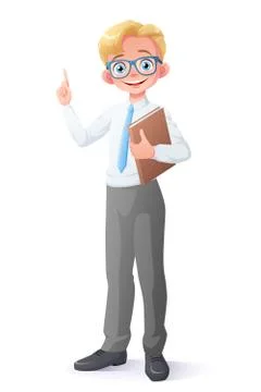 Vector clever young school boy with eyeglasses finger pointing up. Stock Illustration