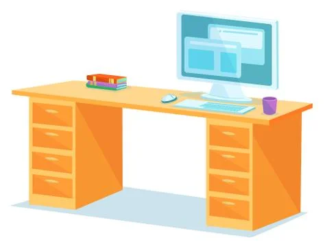 Vector clip art illustration - table with computer and books Stock Illustration