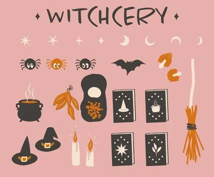 Vector clip art set with witch items hat, candles, herbs, mushrooms, magic book Stock Illustration
