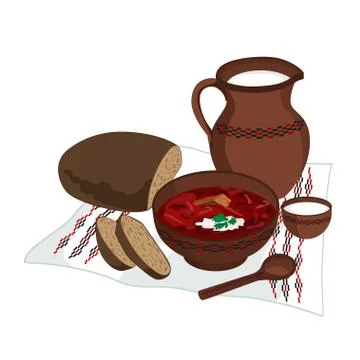 Vector clipart of Borscht with bread and milk Illustrazione stock