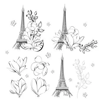 Vector clipart Eiffel Tower and flower. Magnolia springtime romantic in Paris イラスト素材