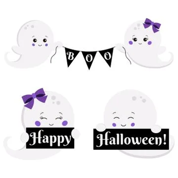 Vector clipart set cartoon flat kawaii style cute, little, scary boy and girl Stock Illustration