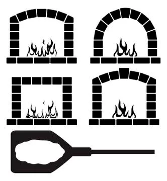 Vector clipart set of ovens with burning fire and pizza Stock Illustration