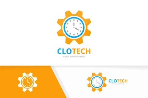 Vector clock and gear logo combination. Time and mechanic symbol or icon. Unique Stock Illustration
