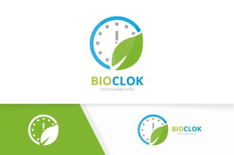 Vector clock and leaf logo combination. Time and eco symbol or icon. Unique Stock Illustration