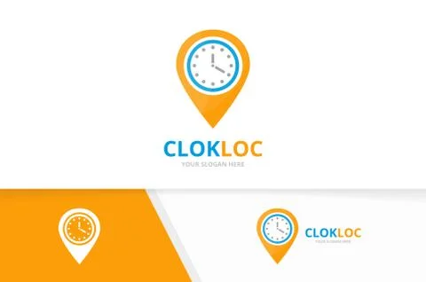 Vector clock and map pointer logo combination. Time and gps locator symbol or Illustrazione stock