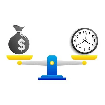 Vector clock and money are on scales. Vector illustration Stock Illustration