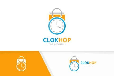 Vector clock and shop logo combination. Time and sale symbol or icon. Unique Stock Illustration