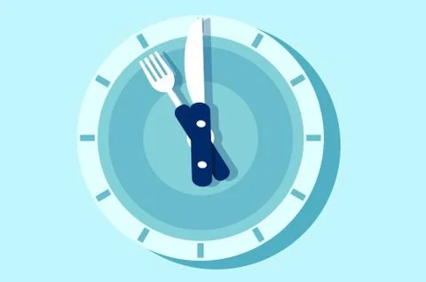 Vector of the clock face in the form of plate with knife and fork arms. Stock Illustration