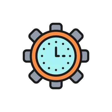 Vector clock in gear, tech watch, efficiency, management flat color line icon. Illustrazione stock