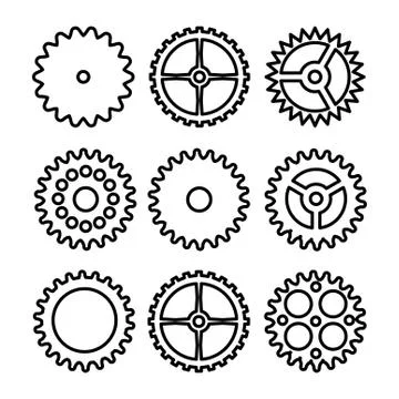 Vector Clock Gears. Outline Icons Set Clock Or Machine Wheel Mechanism Stock Illustration