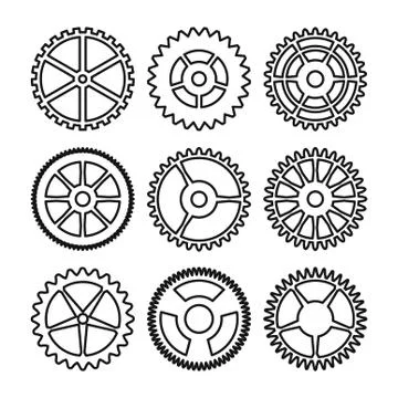 Vector Clock Gears. Outline Icons Set Clock Or Machine Wheel Mechanism Stock Illustration